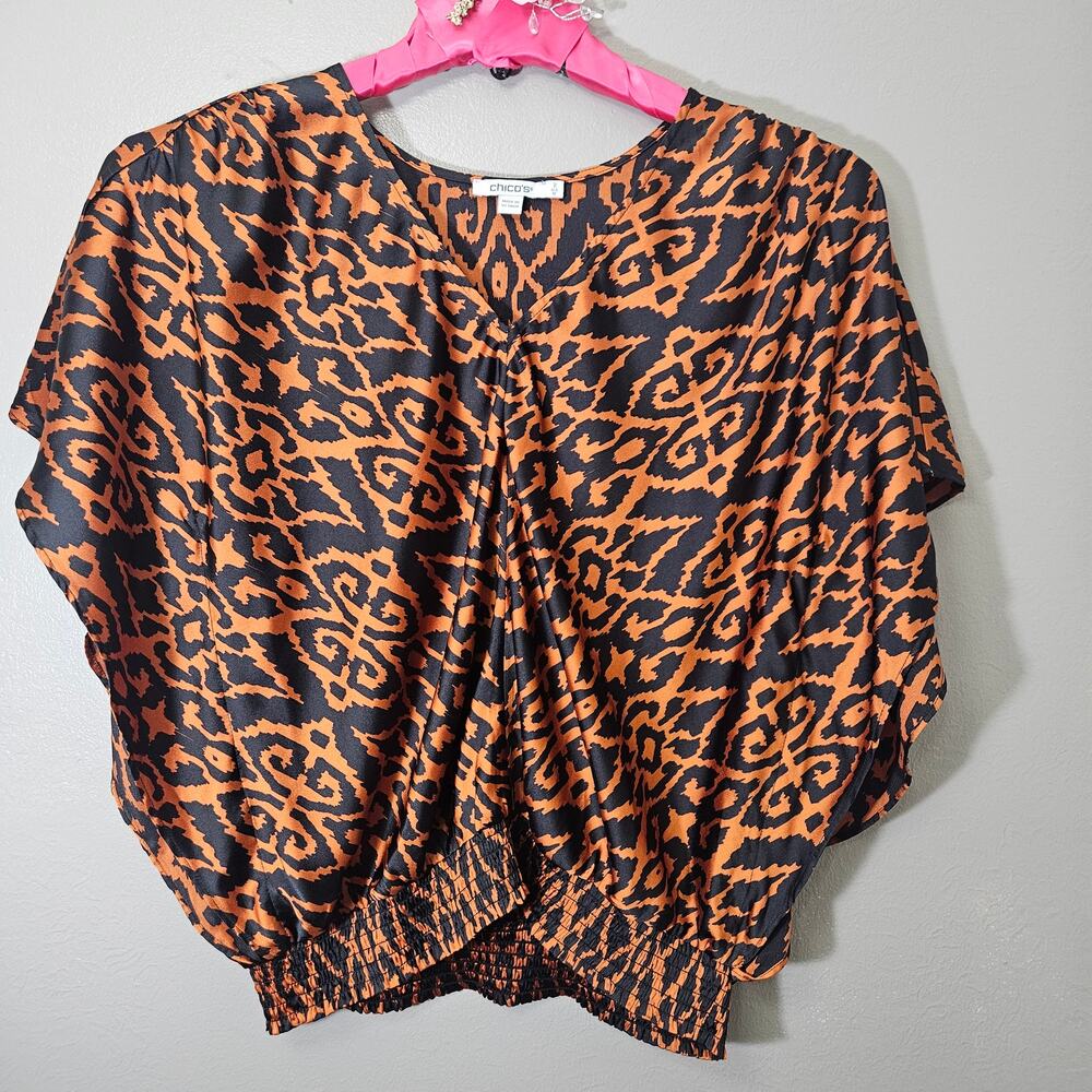 Chico's Women's Size 2 (US L/12) Orange Navy Ikat Dolman Blouse ArtToWear Chic